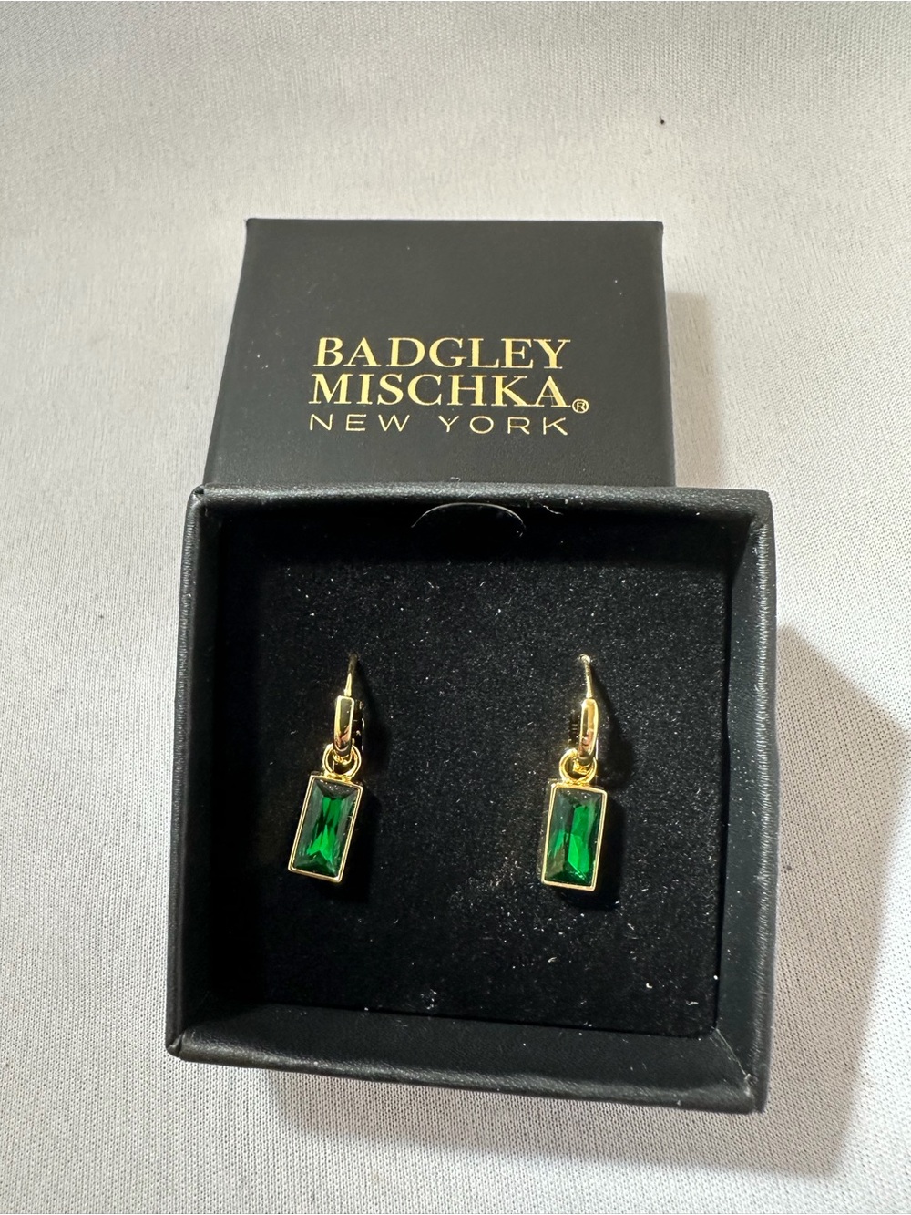 Badgley Mischka Gold Tone Earrings with Emerald Green Rectangles